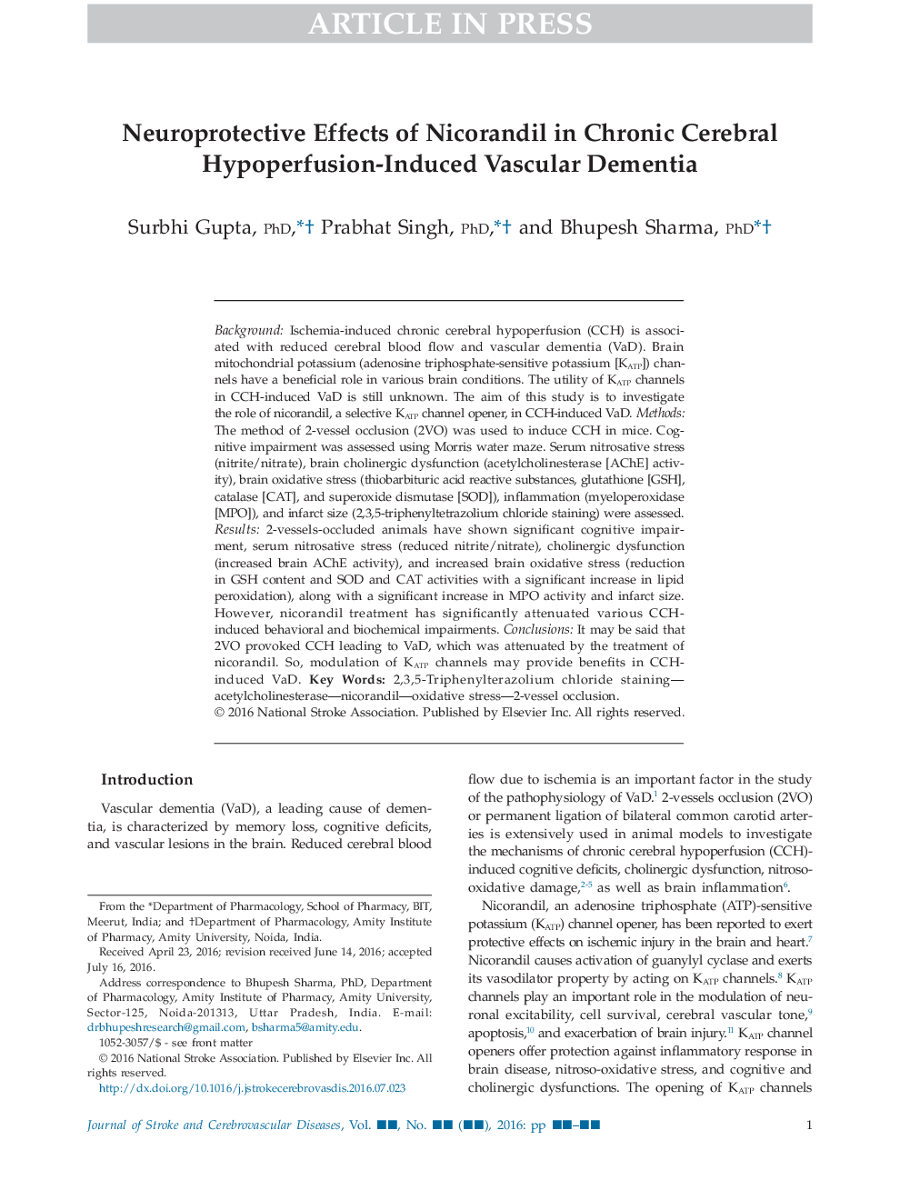 Neuroprotective Effects of Nicorandil in Chronic Cerebral Hypoperfusion-Induced Vascular Dementia