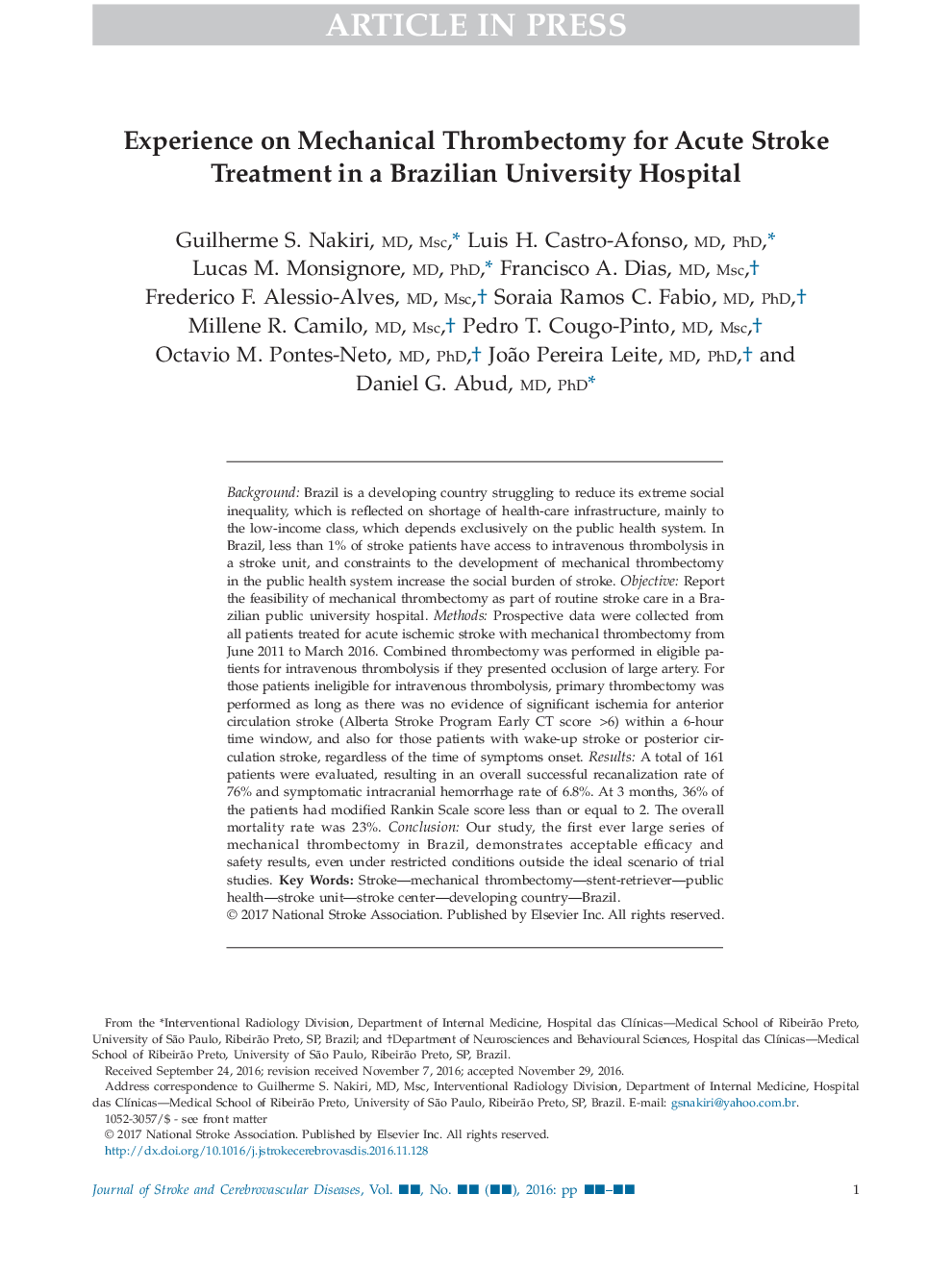 Experience on Mechanical Thrombectomy for Acute Stroke Treatment in a Brazilian University Hospital