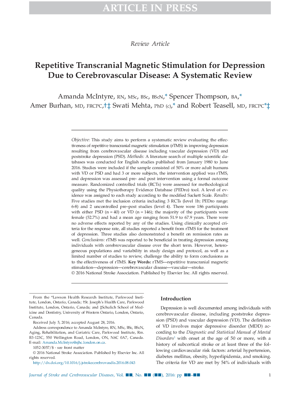 Repetitive Transcranial Magnetic Stimulation for Depression Due to Cerebrovascular Disease: A Systematic Review