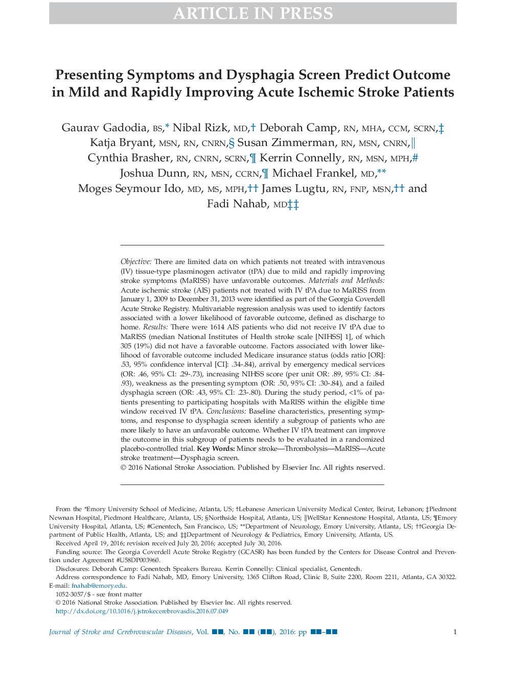 Presenting Symptoms and Dysphagia Screen Predict Outcome in Mild and Rapidly Improving Acute Ischemic Stroke Patients