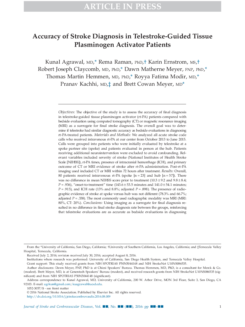 Accuracy of Stroke Diagnosis in Telestroke-Guided Tissue Plasminogen Activator Patients