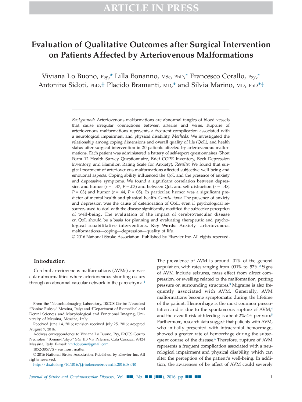 Evaluation of Qualitative Outcomes after Surgical Intervention on Patients Affected by Arteriovenous Malformations