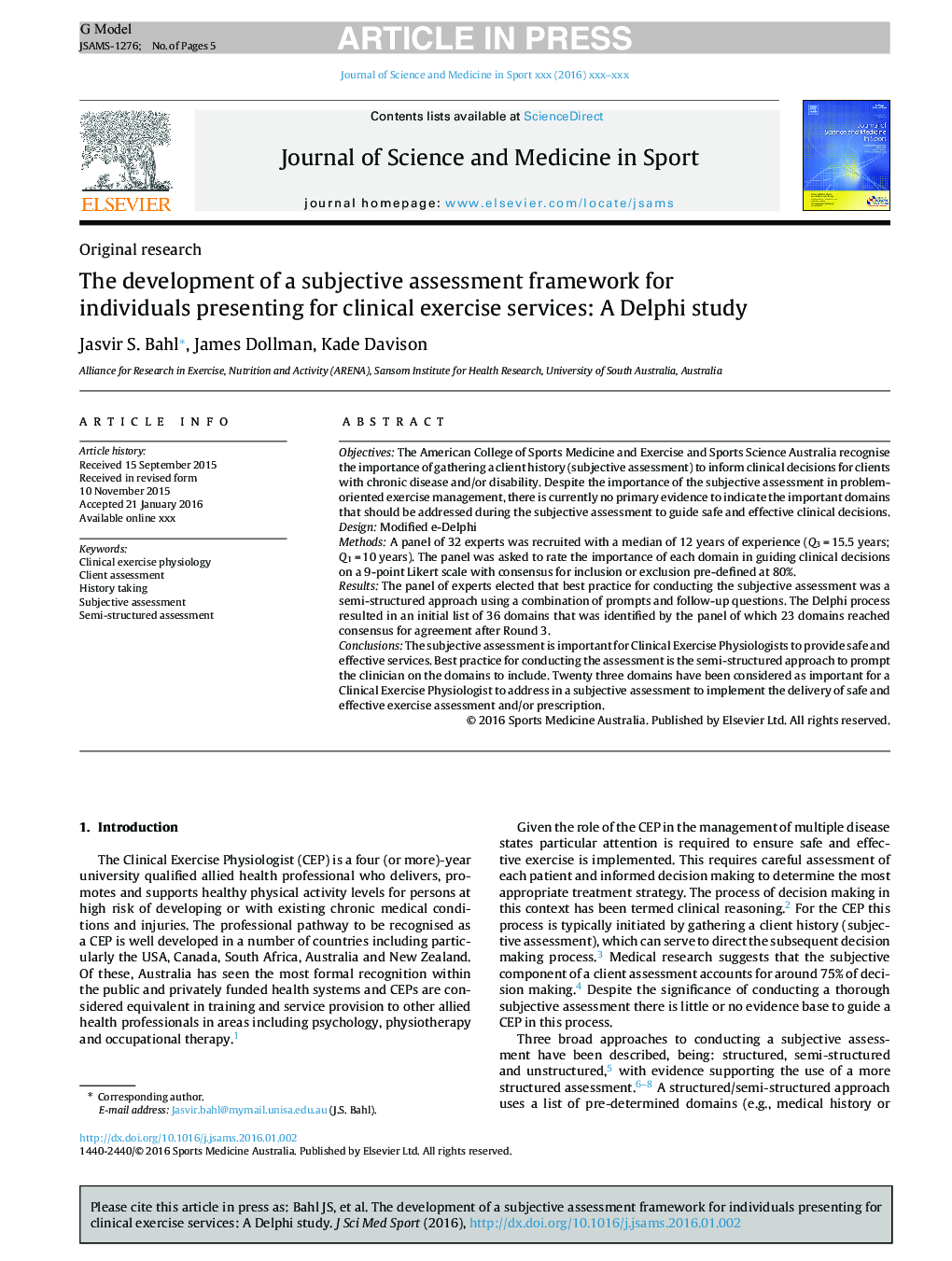 The development of a subjective assessment framework for individuals presenting for clinical exercise services: A Delphi study