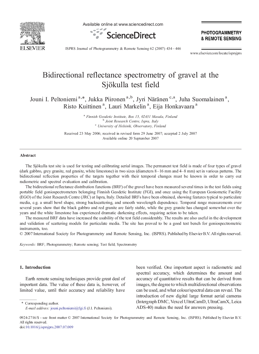 Bidirectional reflectance spectrometry of gravel at the Sjökulla test field