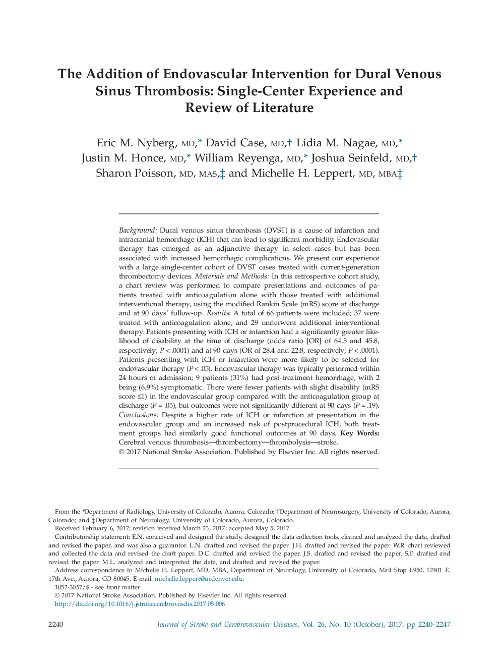 The Addition of Endovascular Intervention for Dural Venous Sinus Thrombosis: Single-Center Experience and Review of Literature