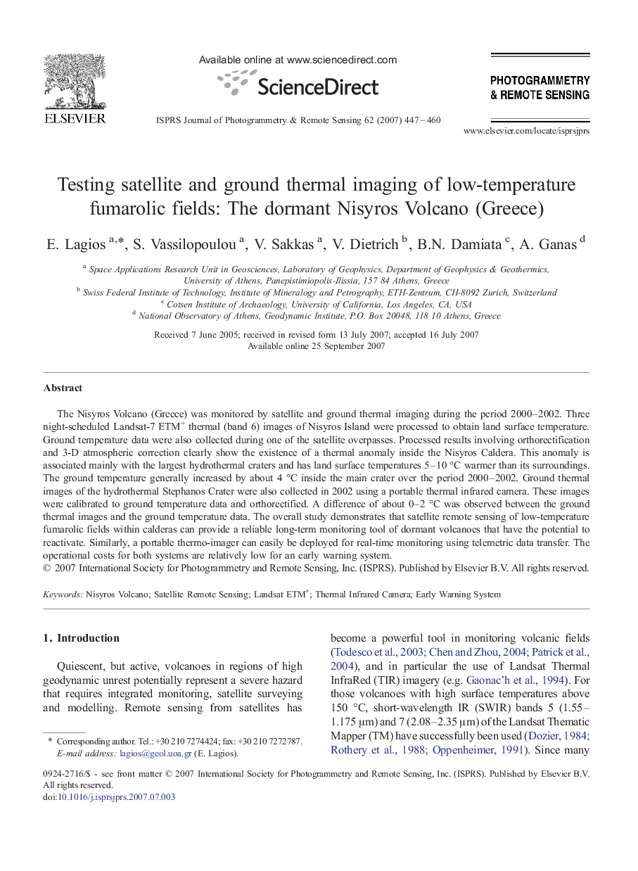 Testing satellite and ground thermal imaging of low-temperature fumarolic fields: The dormant Nisyros Volcano (Greece)