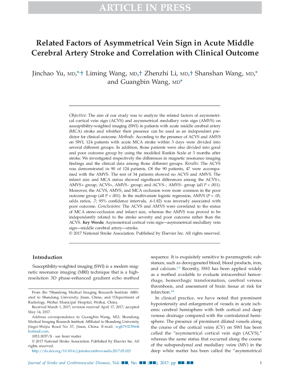 Related Factors of Asymmetrical Vein Sign in Acute Middle Cerebral Artery Stroke and Correlation with Clinical Outcome