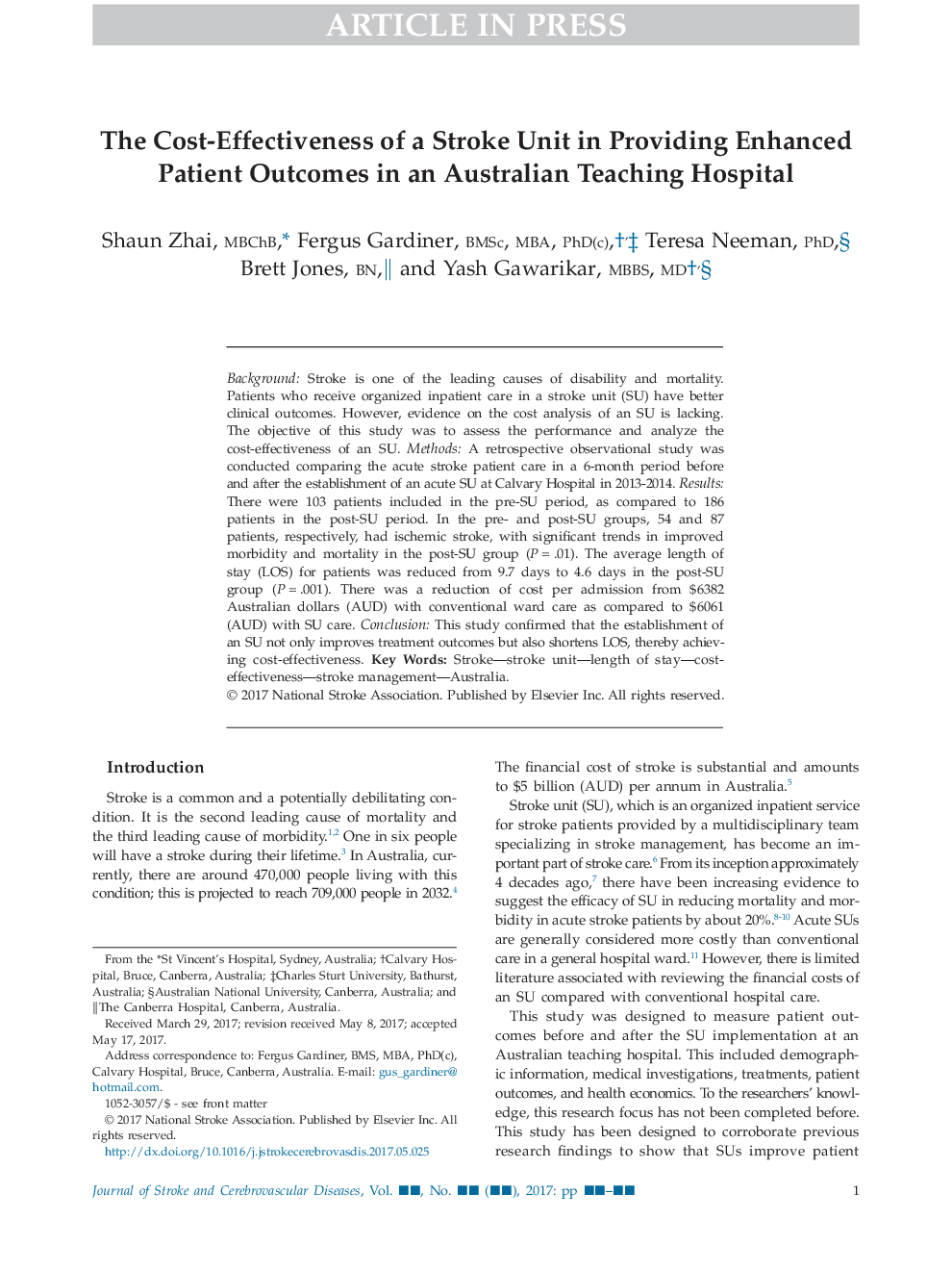 The Cost-Effectiveness of a Stroke Unit in Providing Enhanced Patient Outcomes in an Australian Teaching Hospital