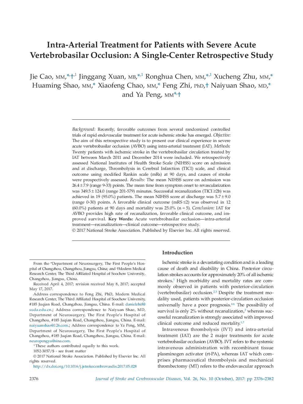 Intra-Arterial Treatment for Patients with Severe Acute Vertebrobasilar Occlusion: A Single-Center Retrospective Study