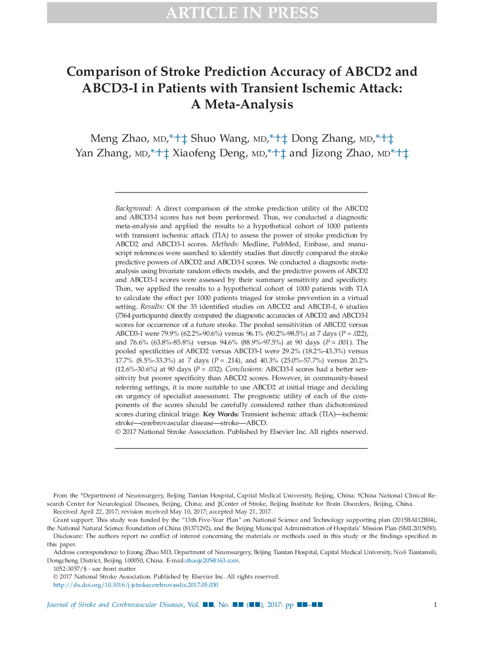 Comparison of Stroke Prediction Accuracy of ABCD2 and ABCD3-I in Patients with Transient Ischemic Attack: A Meta-Analysis