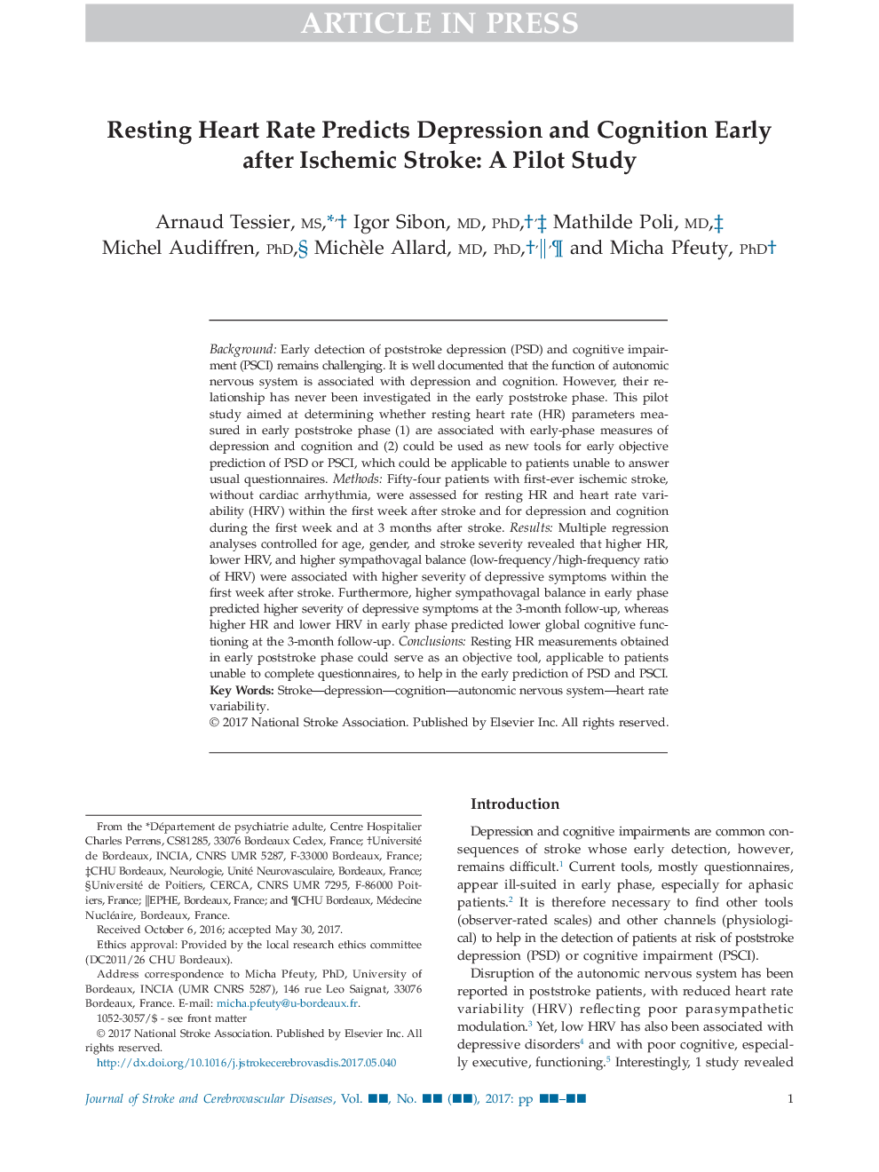 Resting Heart Rate Predicts Depression and Cognition Early after Ischemic Stroke: A Pilot Study