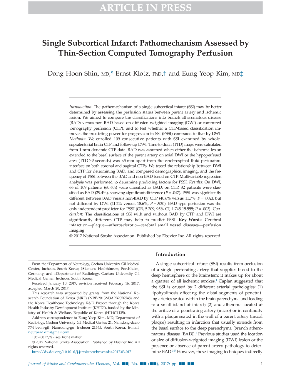 Single Subcortical Infarct: Pathomechanism Assessed by Thin-Section Computed Tomography Perfusion