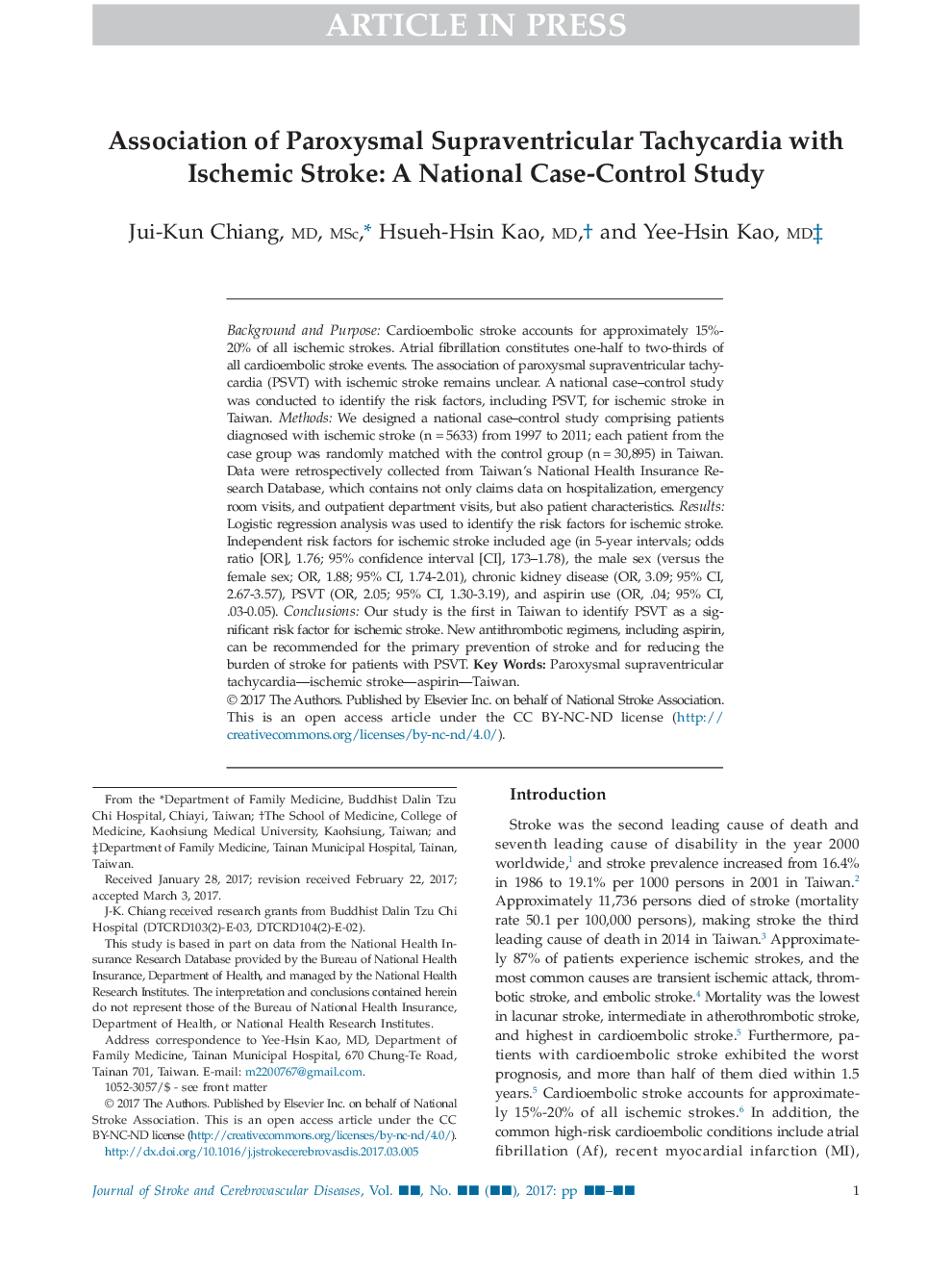 Association of Paroxysmal Supraventricular Tachycardia with Ischemic Stroke: A National Case-Control Study