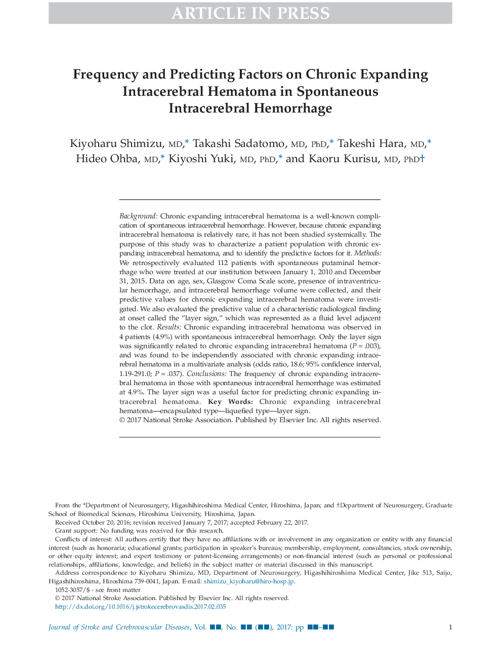 Frequency and Predicting Factors on Chronic Expanding Intracerebral Hematoma in Spontaneous Intracerebral Hemorrhage