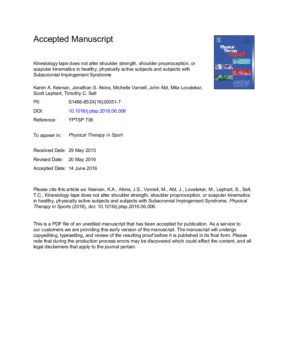 Kinesiology taping does not alter shoulder strength, shoulder proprioception, or scapular kinematics in healthy, physically active subjects and subjects with Subacromial Impingement Syndrome