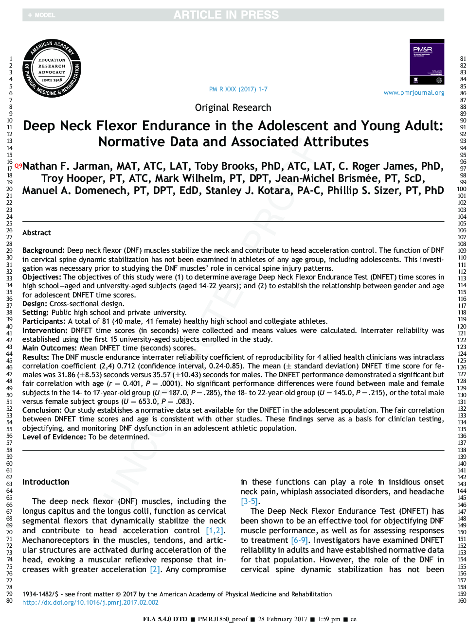 Deep Neck Flexor Endurance in the Adolescent and Young Adult: Normative Data and Associated Attributes