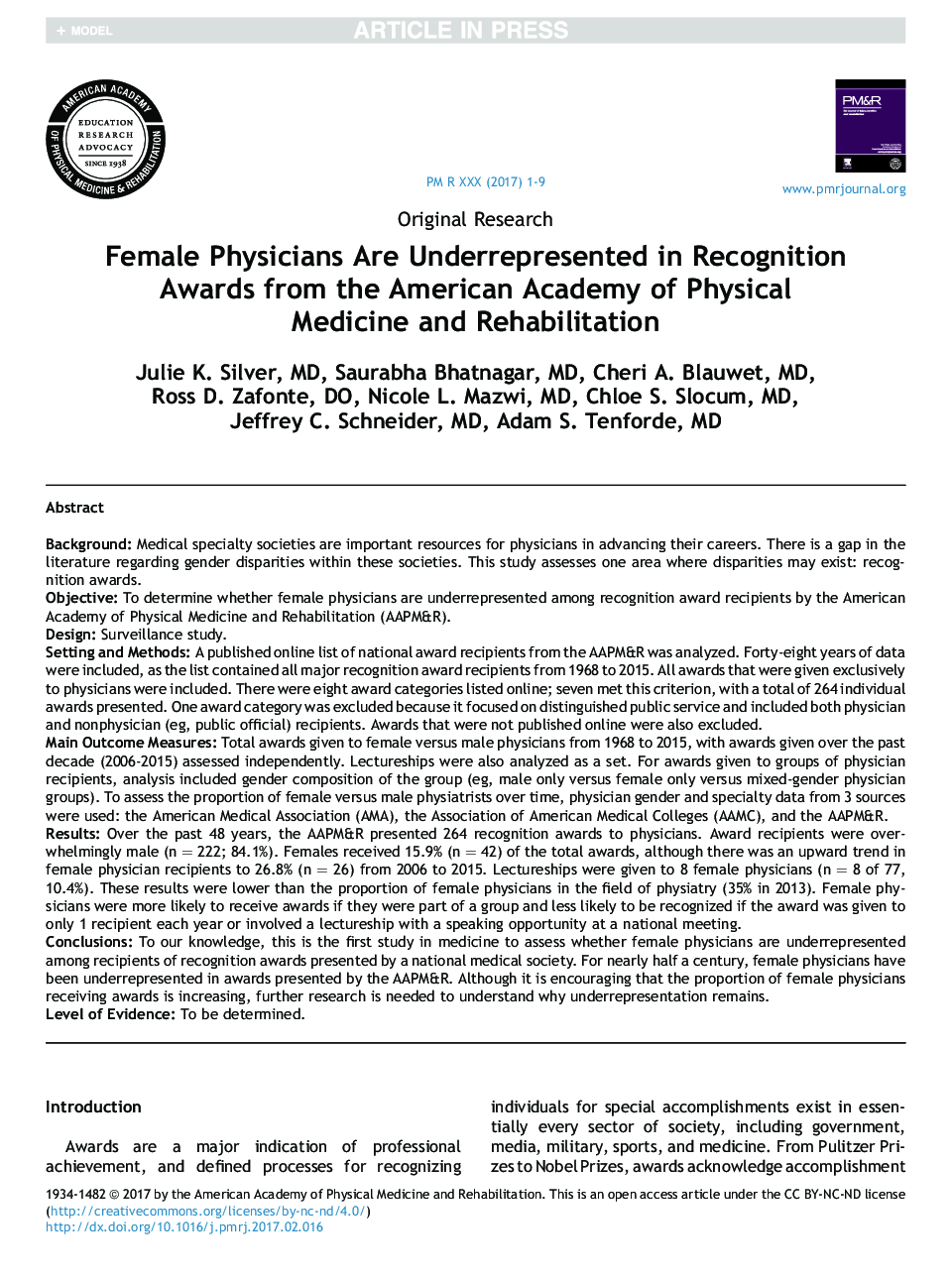 Female Physicians Are Underrepresented in Recognition Awards from the American Academy of Physical Medicine and Rehabilitation