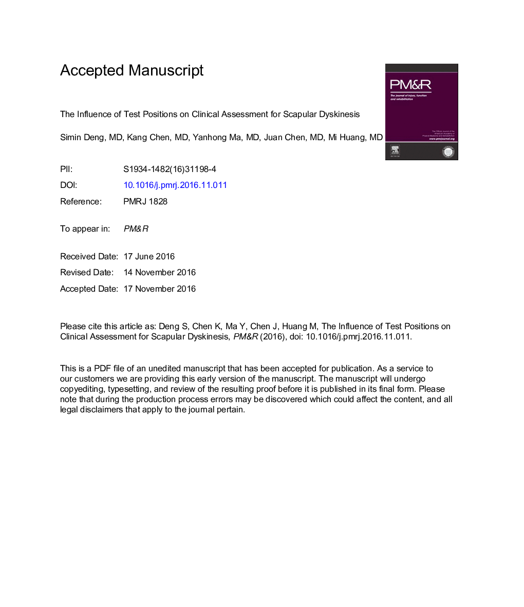 The Influence of Test Positions on Clinical Assessment for Scapular Dyskinesis