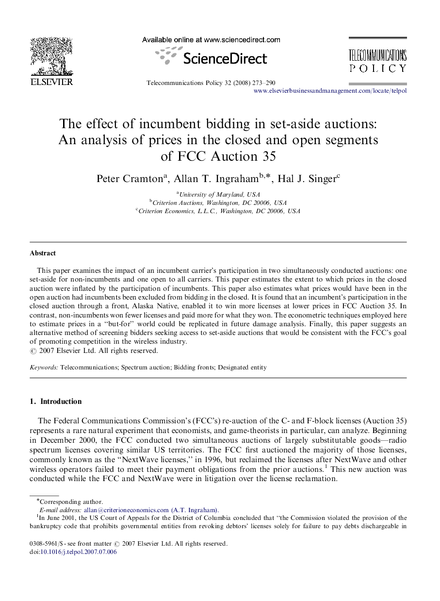 The effect of incumbent bidding in set-aside auctions: An analysis of prices in the closed and open segments of FCC Auction 35