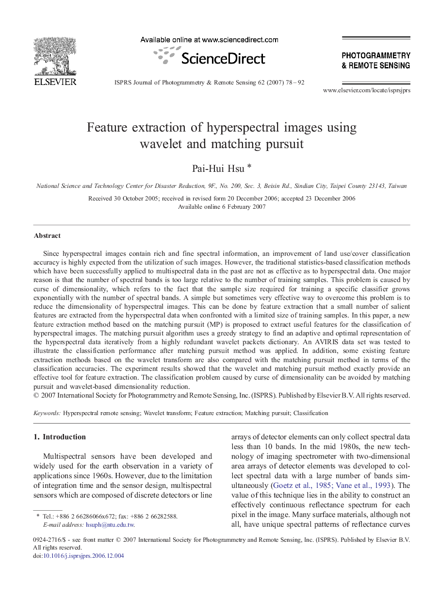 Feature extraction of hyperspectral images using wavelet and matching pursuit