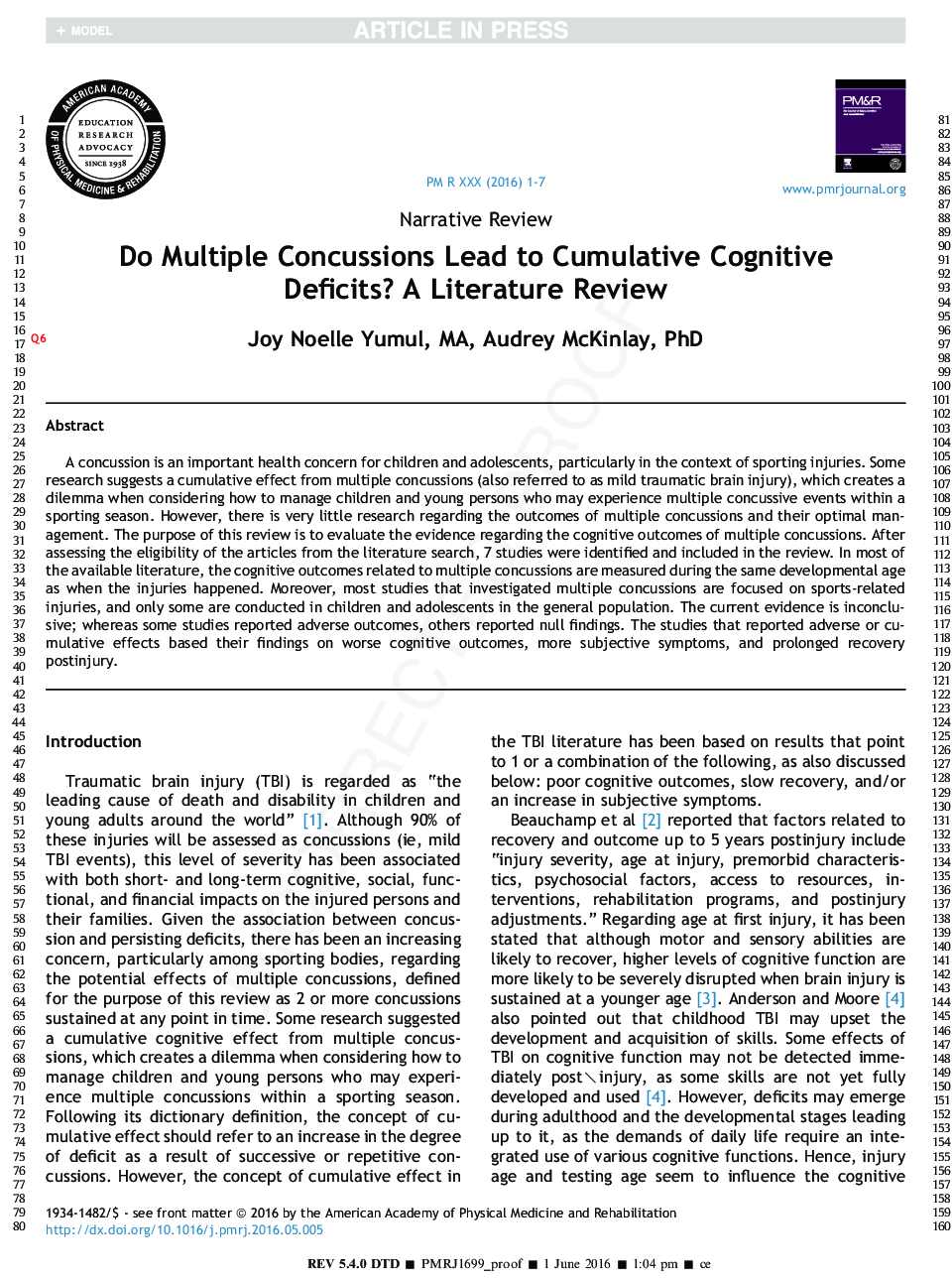 Do Multiple Concussions Lead to Cumulative Cognitive Deficits? AÂ Literature Review