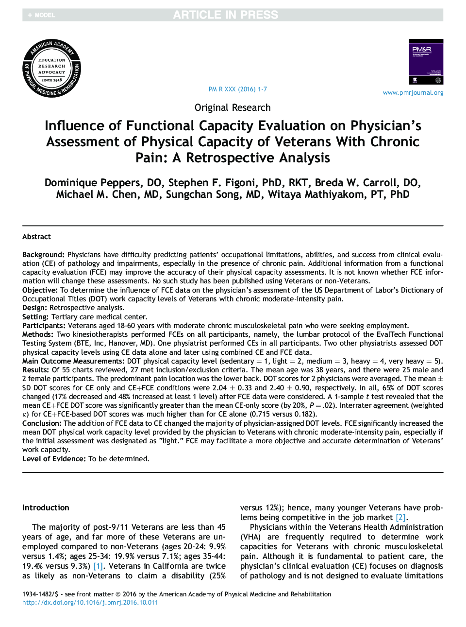 تأثیر ارزیابی ظرفیت عملکرد بر ارزیابی توانایی فیزیکی جانبازان با درد مزمن پزشک: یک تحلیل گذشتهنگر 