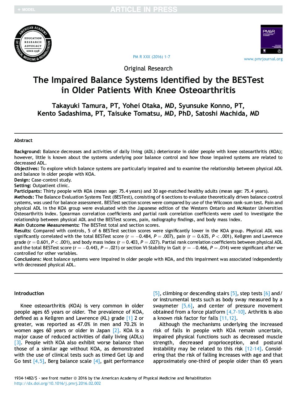 The Impaired Balance Systems Identified by the BESTest in Older Patients With Knee Osteoarthritis