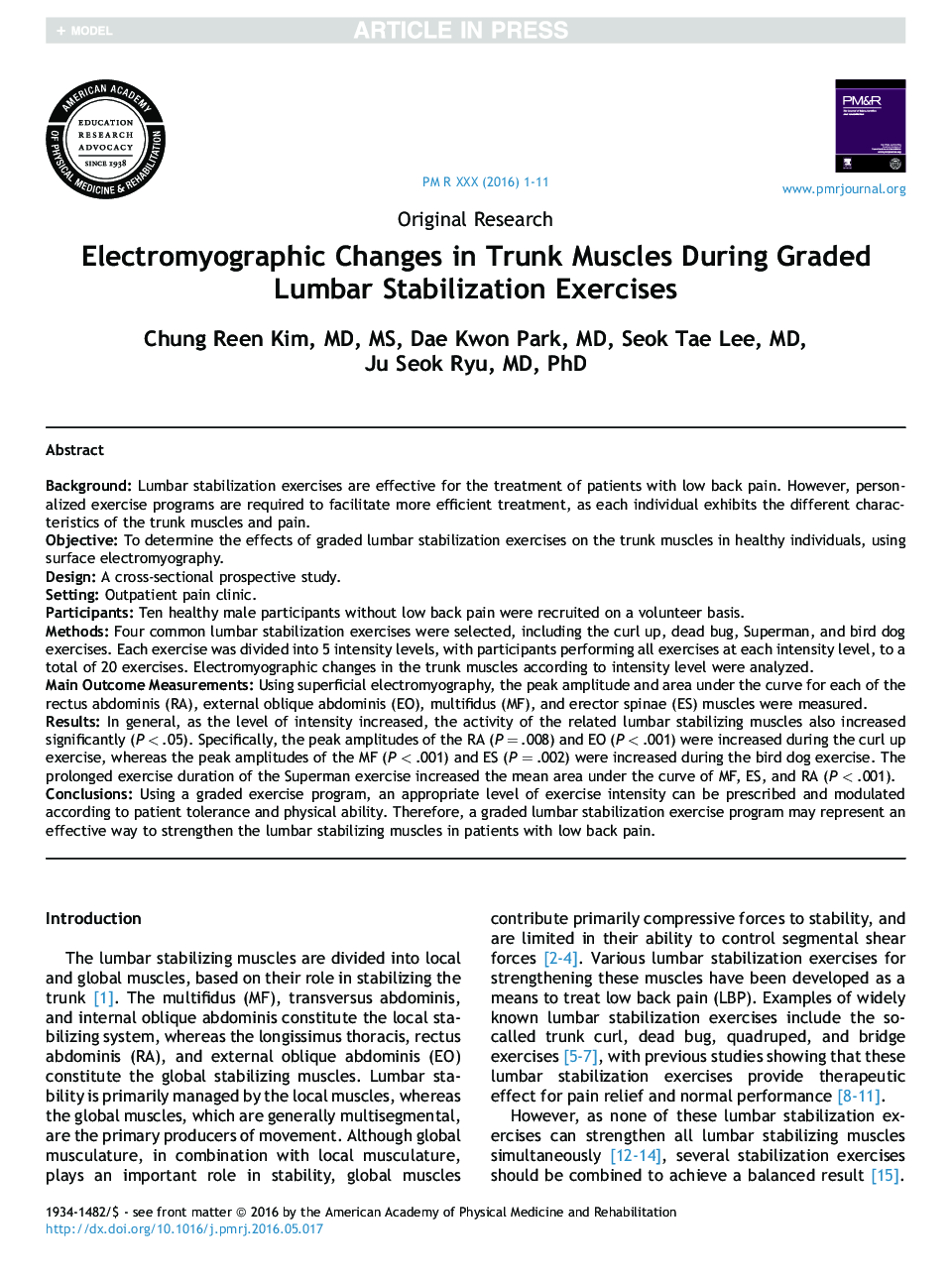 تغییرات الکترومیوگرافی در عضلات تنه در تمرینات تثبیت شده کمری 