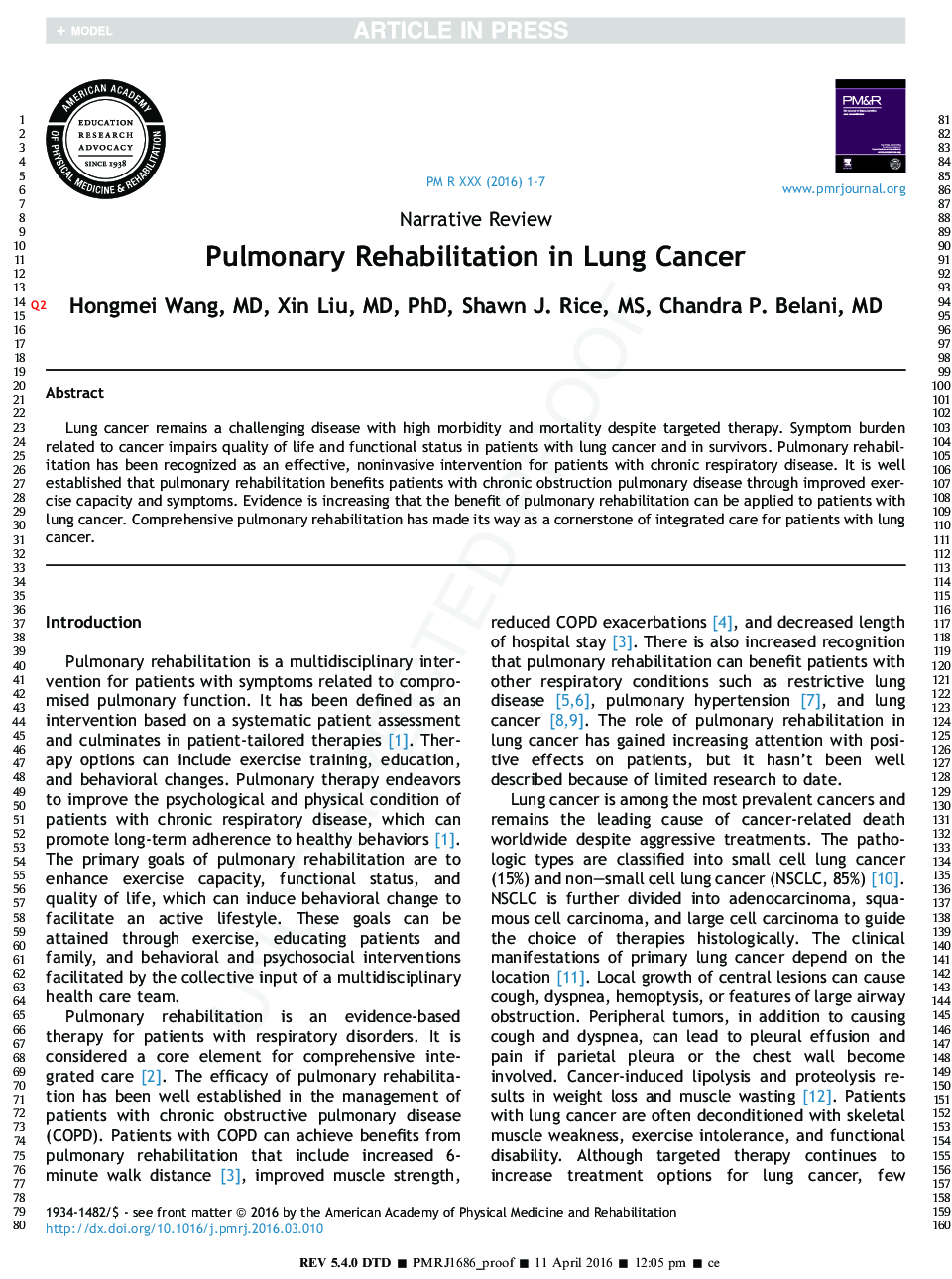 Pulmonary Rehabilitation in Lung Cancer