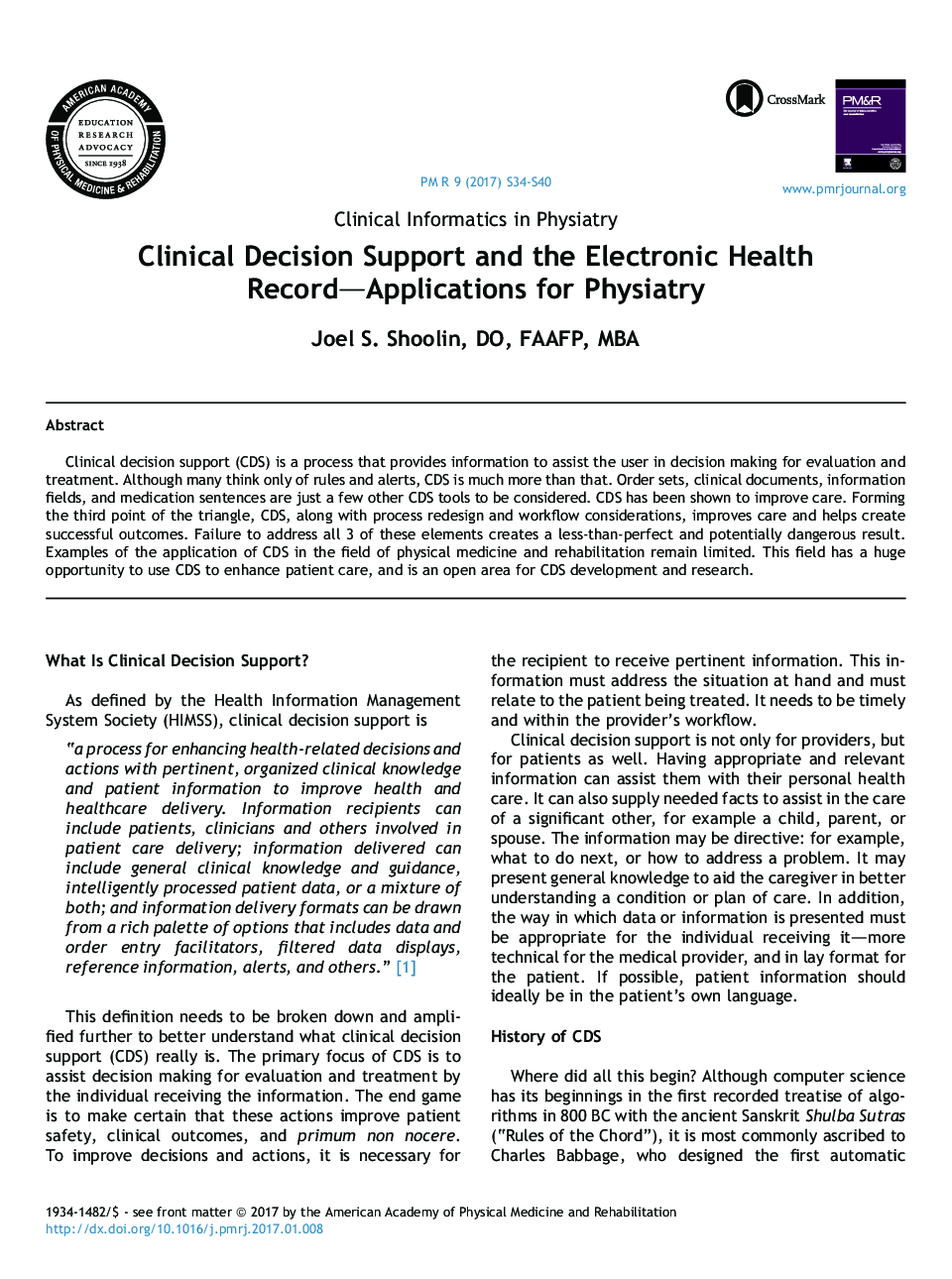 Clinical Decision Support and the Electronic Health Record-Applications for Physiatry