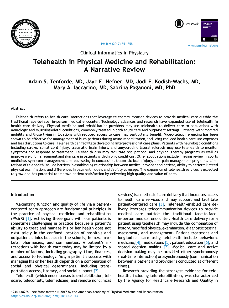 Telehealth in Physical Medicine and Rehabilitation: A Narrative Review