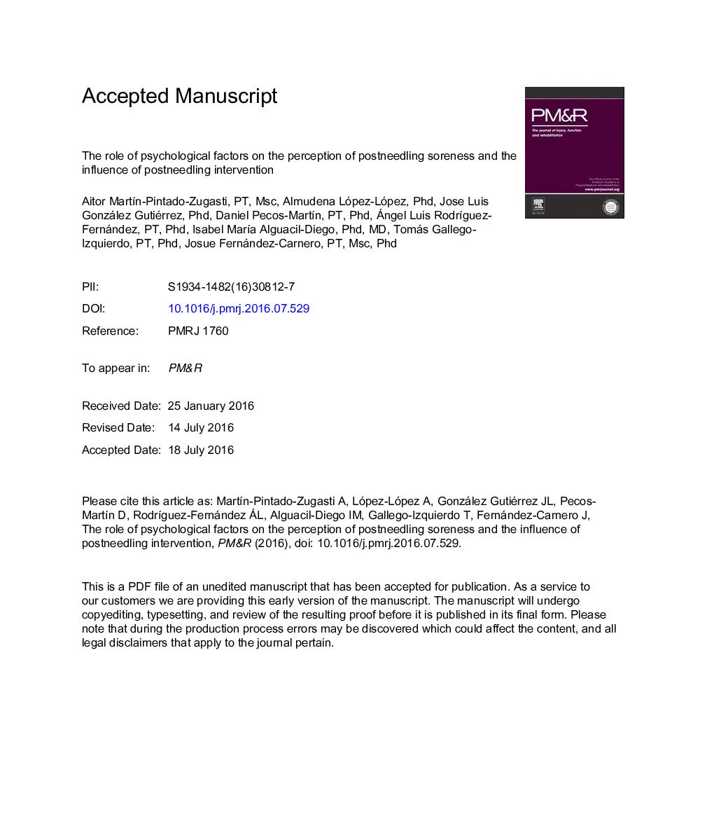 The Role of Psychological Factors in the Perception of Postneedling Soreness and the Influence of Postneedling Intervention