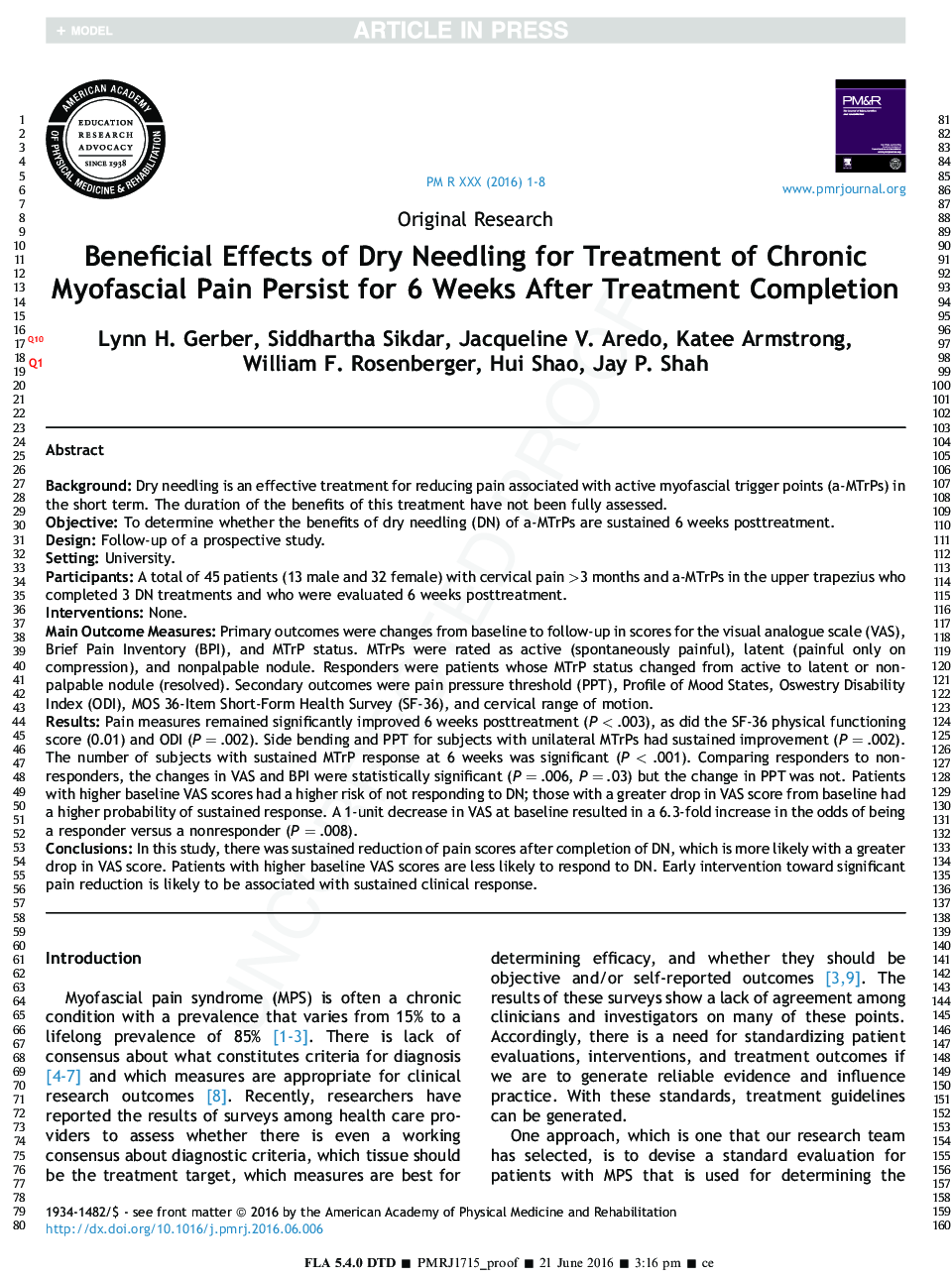 Beneficial Effects of Dry Needling for Treatment of Chronic Myofascial Pain Persist for 6 Weeks After Treatment Completion