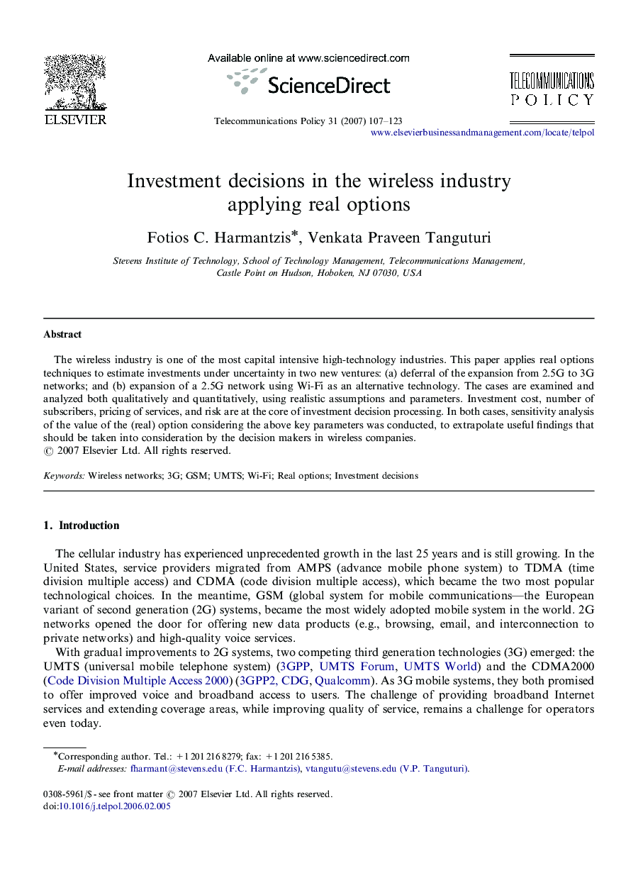 Investment decisions in the wireless industry applying real options