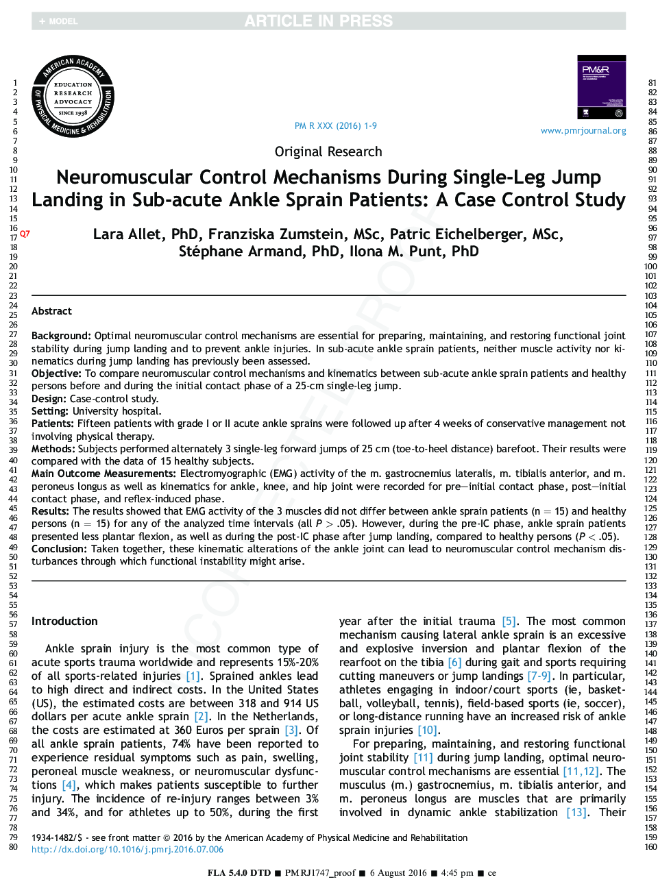 Neuromuscular Control Mechanisms During Single-Leg Jump Landing in Subacute Ankle Sprain Patients: A Case Control Study