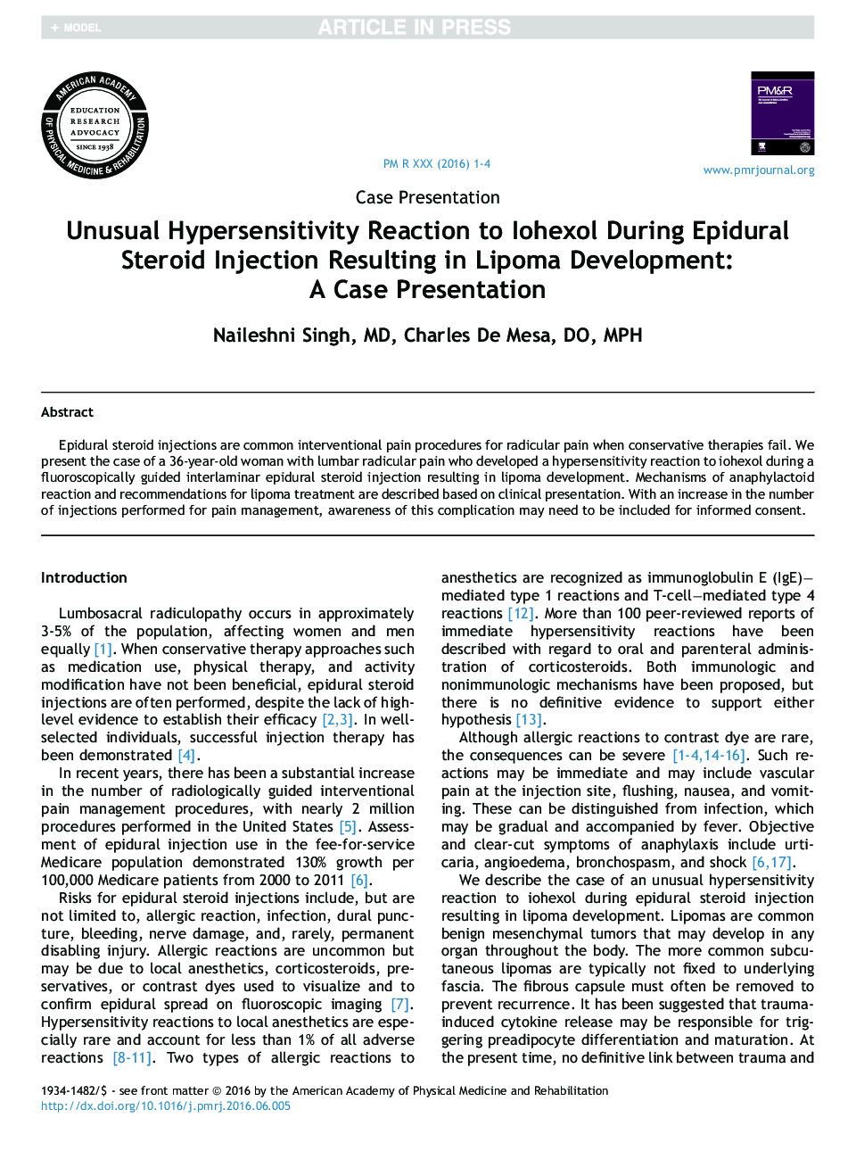 Unusual Hypersensitivity Reaction to Iohexol During Epidural Steroid Injection Resulting in Lipoma Development: A Case Presentation