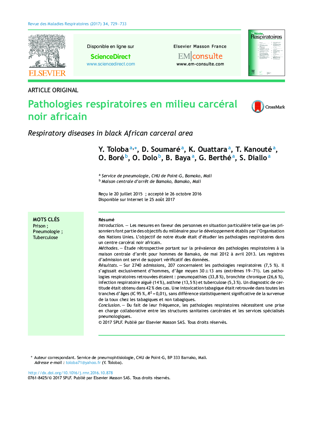 Pathologies respiratoires en milieu carcéral noir africain