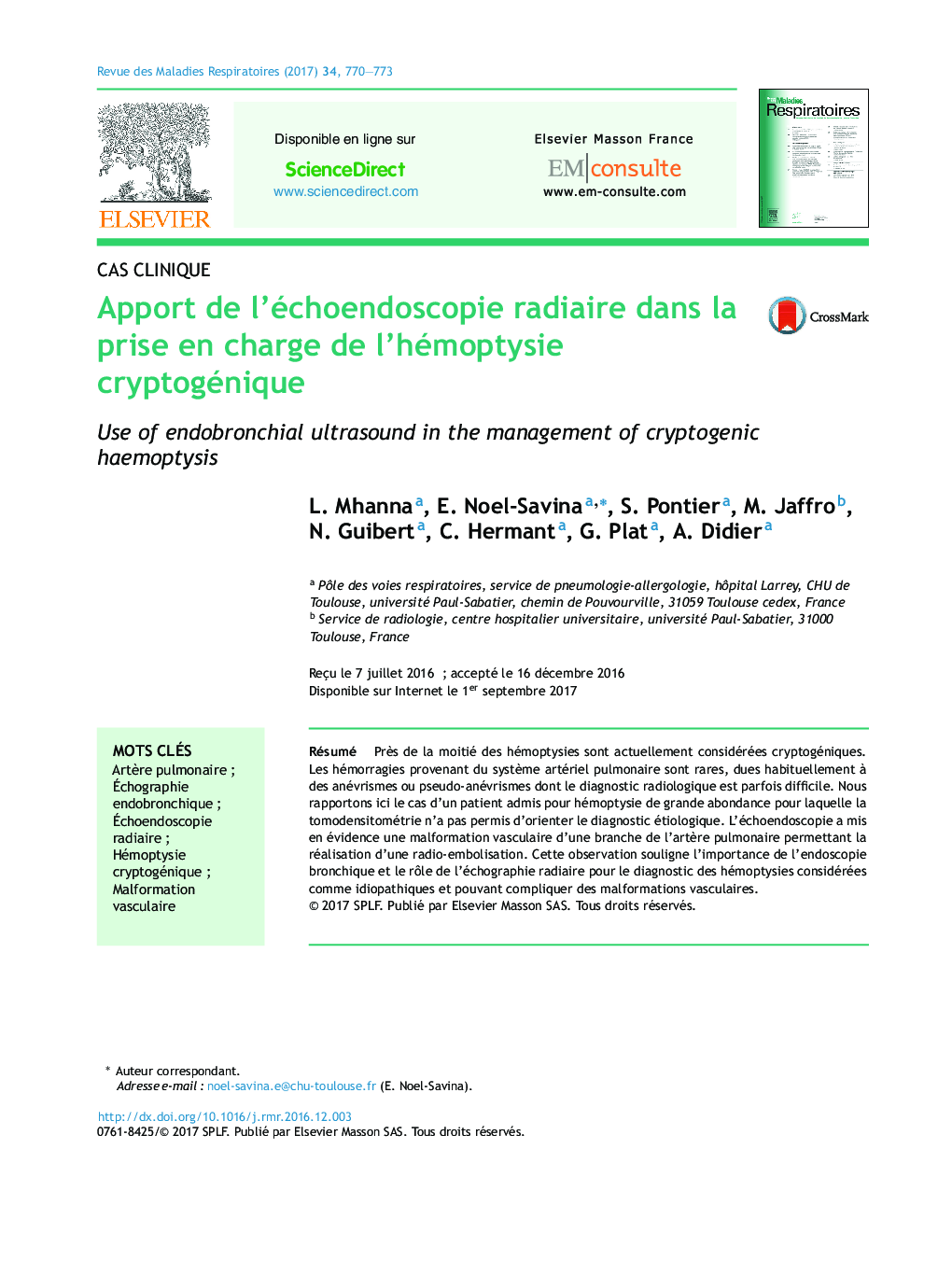 Apport de l'échoendoscopie radiaire dans la prise en charge de l'hémoptysie cryptogénique