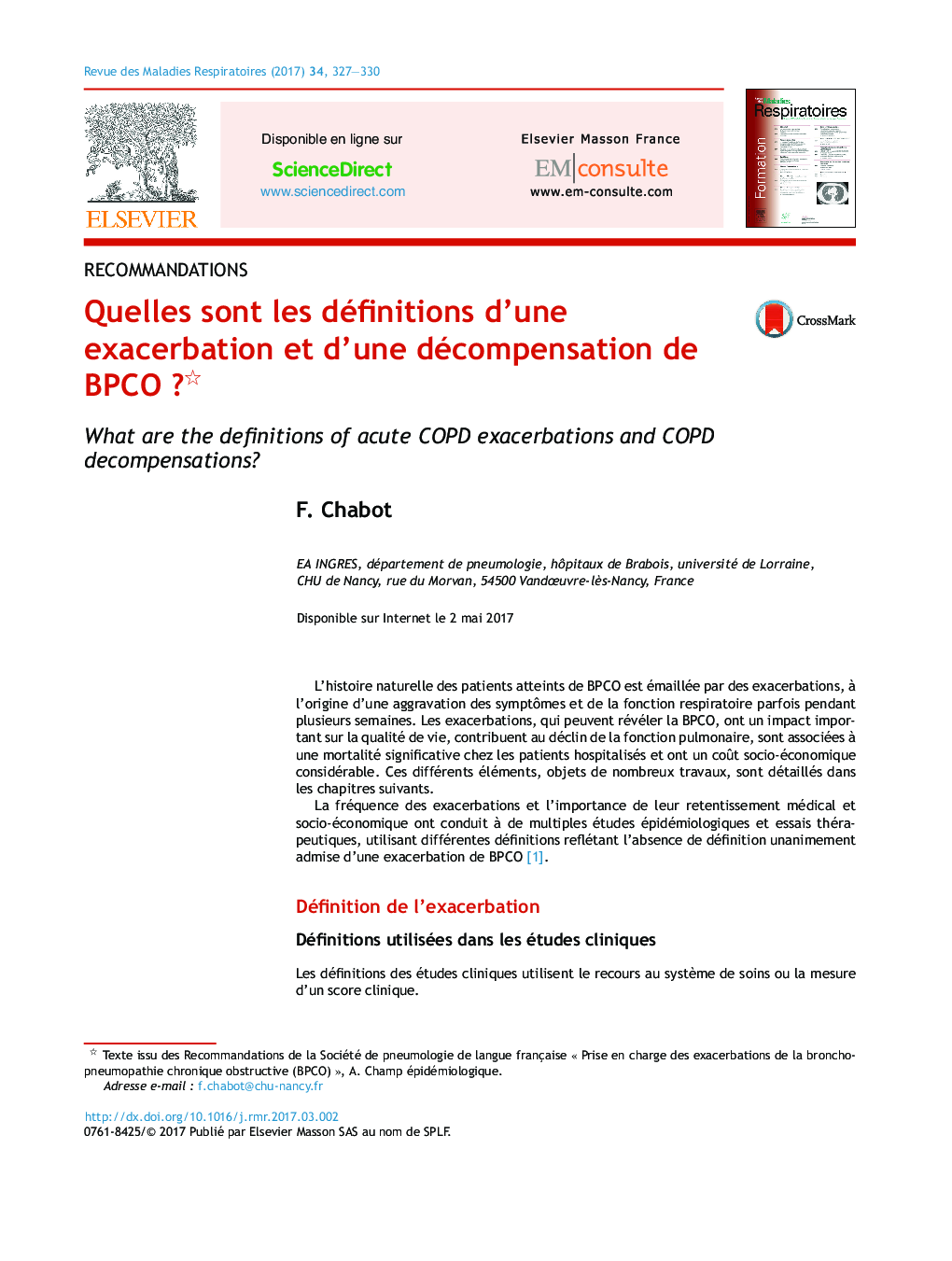 عکس صفحه اول مقاله: Quelles sont les définitions d'une exacerbation et d'une décompensation de BPCOÂ ? Quelles sont les définitions d'une exacerbation et d'une décompensation de BPCOÂ ?