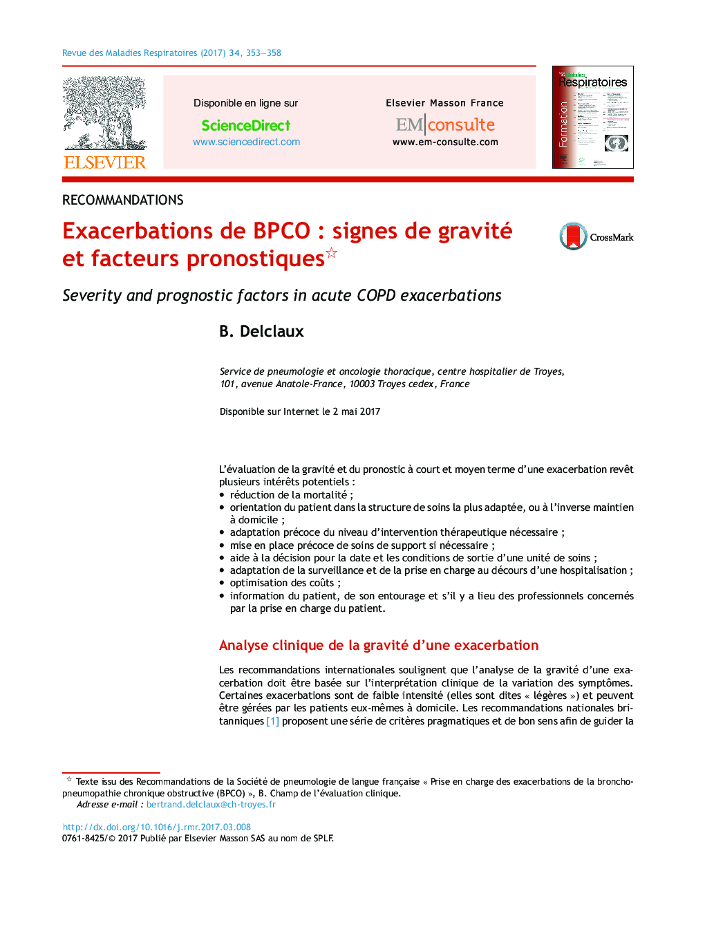عکس صفحه اول مقاله: Exacerbations de BPCOÂ : signes de gravité et facteurs pronostiques Exacerbations de BPCOÂ : signes de gravité et facteurs pronostiques