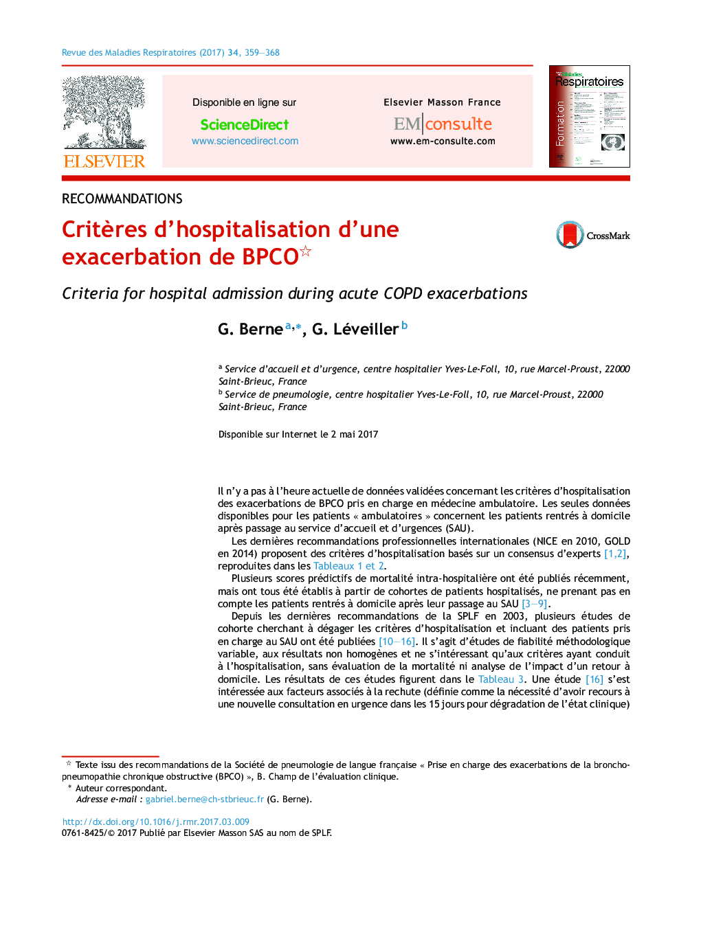 عکس صفحه اول مقاله: Critères d'hospitalisation d'une exacerbation de BPCO Critères d'hospitalisation d'une exacerbation de BPCO