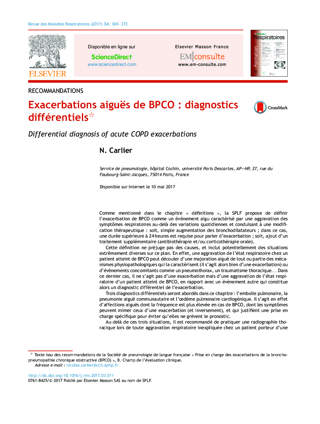 عکس صفحه اول مقاله: Exacerbations aiguës de BPCOÂ : diagnostics différentiels Exacerbations aiguës de BPCOÂ : diagnostics différentiels