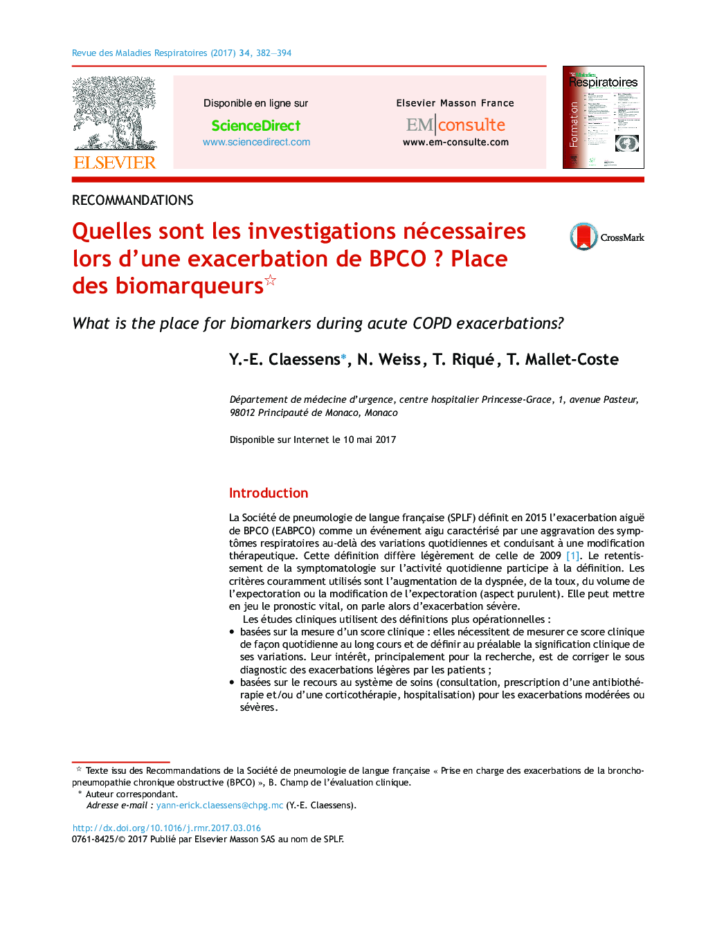 عکس صفحه اول مقاله: Quelles sont les investigations nécessaires lors d'une exacerbation de BPCOÂ ? Place des biomarqueurs Quelles sont les investigations nécessaires lors d'une exacerbation de BPCOÂ ? Place des biomarqueurs