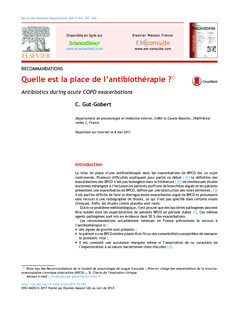 عکس صفحه اول مقاله: Quelle est la place de l'antibiothérapie ? Quelle est la place de l'antibiothérapie ?