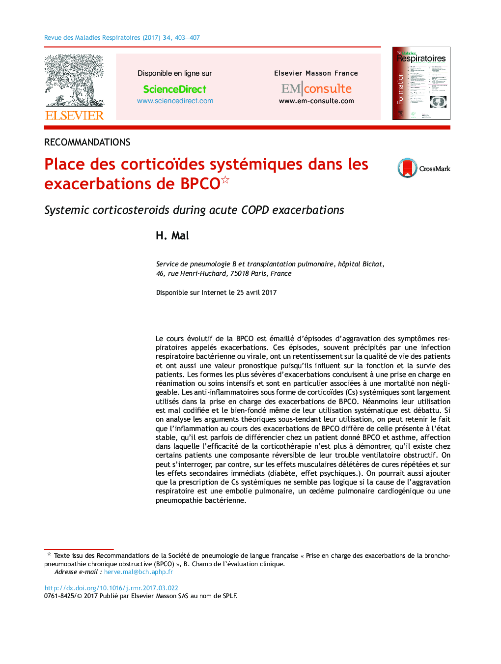 Place des corticoïdes systémiques dans les exacerbations de BPCO