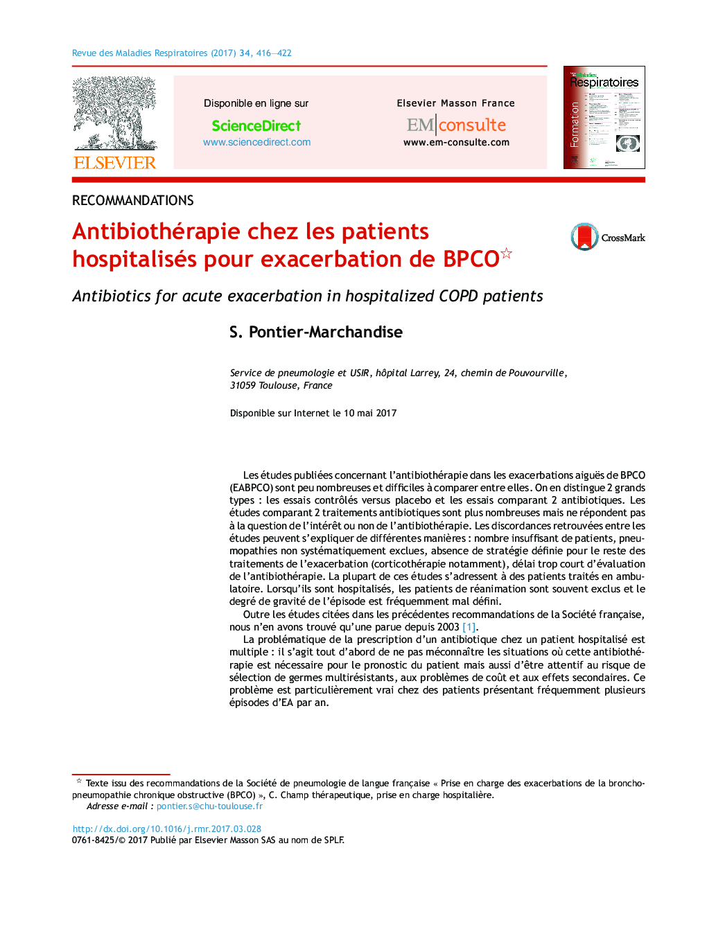 عکس صفحه اول مقاله: Antibiothérapie chez les patients hospitalisés pour exacerbation de BPCO Antibiothérapie chez les patients hospitalisés pour exacerbation de BPCO