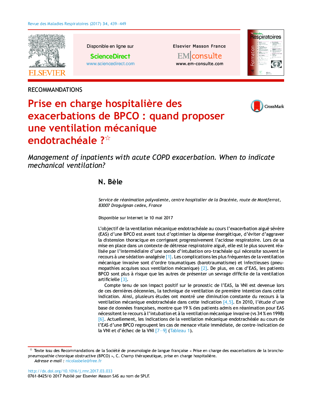 عکس صفحه اول مقاله: Prise en charge hospitalière des exacerbations de BPCO : quand proposer une ventilation mécanique endotrachéale ? Prise en charge hospitalière des exacerbations de BPCO : quand proposer une ventilation mécanique endotrachéale ?