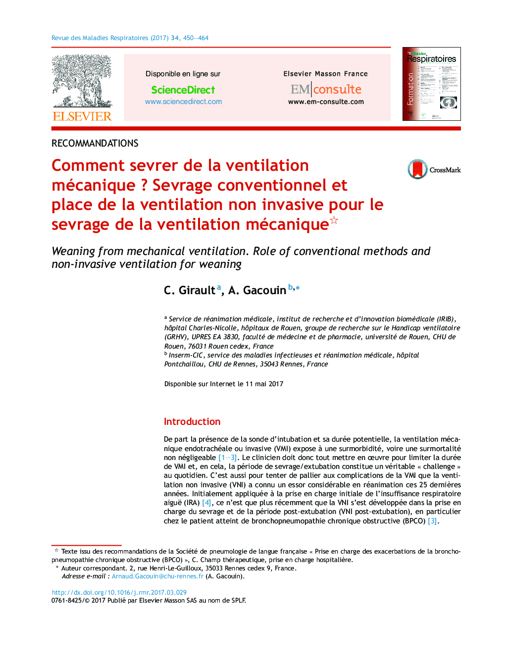عکس صفحه اول مقاله: Comment sevrer de la ventilation mécanique ? Sevrage conventionnel et place de la ventilation non invasive pour le sevrage de la ventilation mécanique Comment sevrer de la ventilation mécanique ? Sevrage conventionnel et place de la ventilation non invasive pour le sevrage de la ventilation mécanique