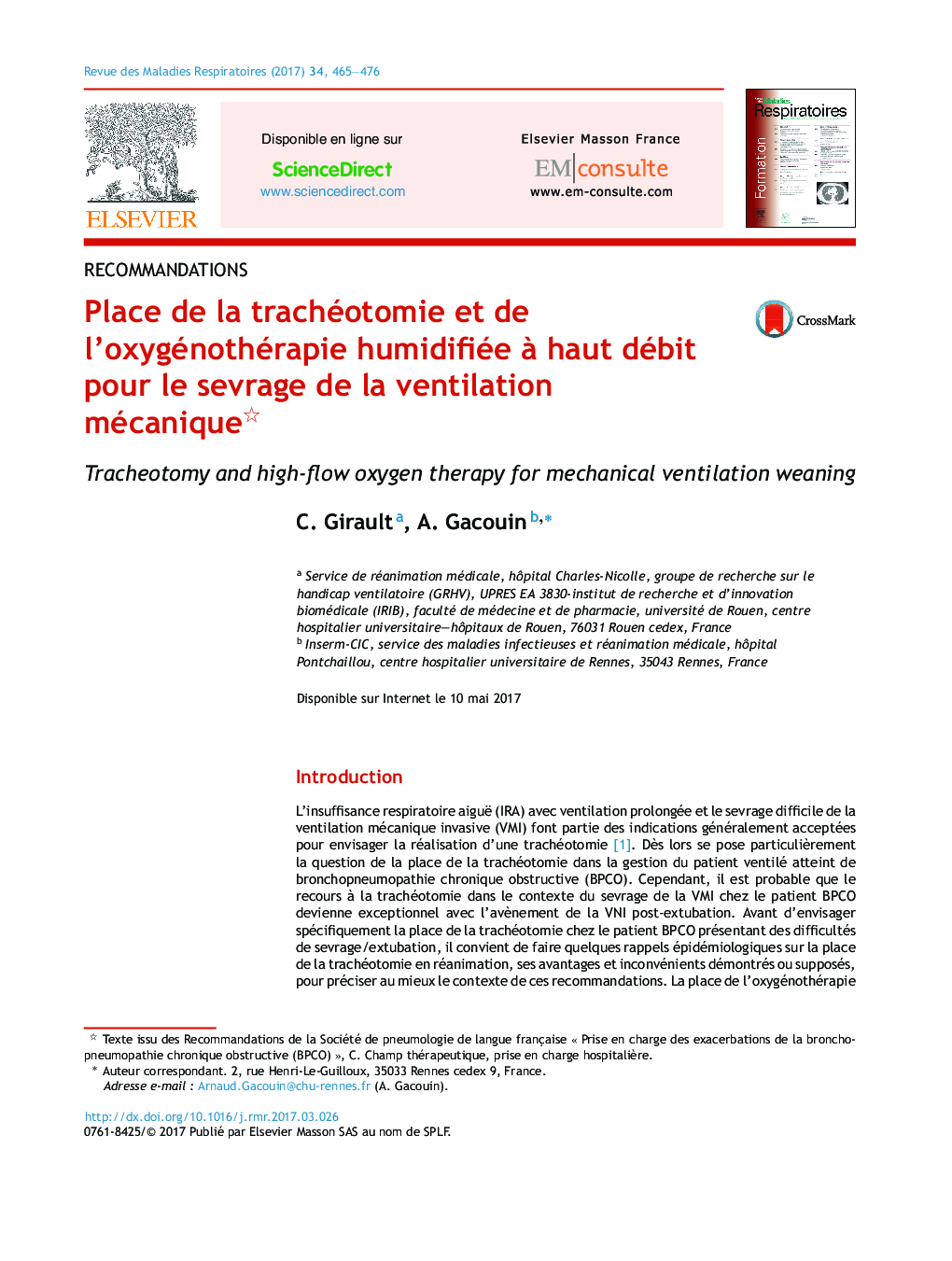 عکس صفحه اول مقاله: Place de la trachéotomie et de l'oxygénothérapie humidifiée à haut débit pour le sevrage de la ventilation mécanique Place de la trachéotomie et de l'oxygénothérapie humidifiée à haut débit pour le sevrage de la ventilation mécanique