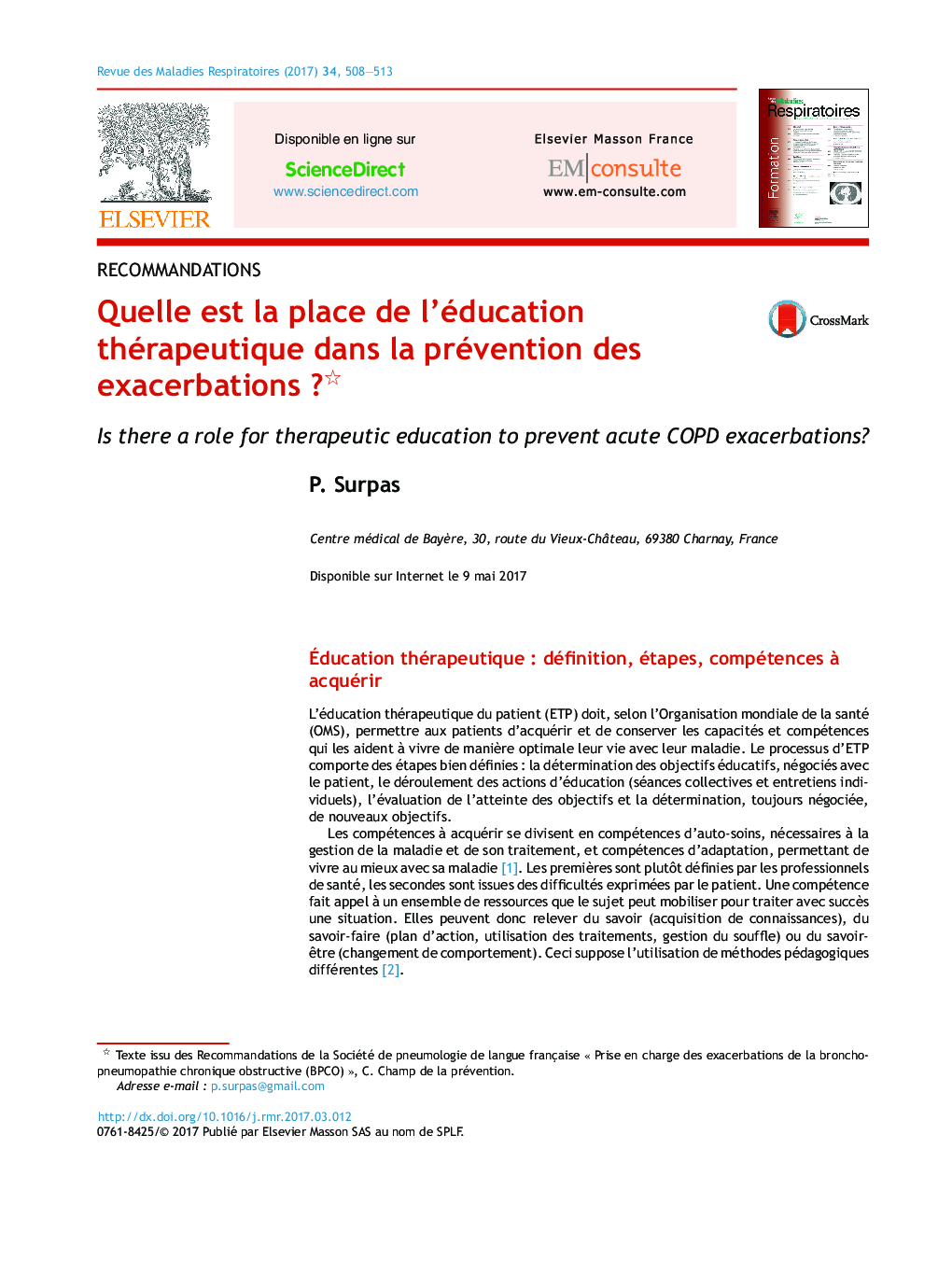 عکس صفحه اول مقاله: Quelle est la place de l'éducation thérapeutique dans la prévention des exacerbations ? Quelle est la place de l'éducation thérapeutique dans la prévention des exacerbations ?
